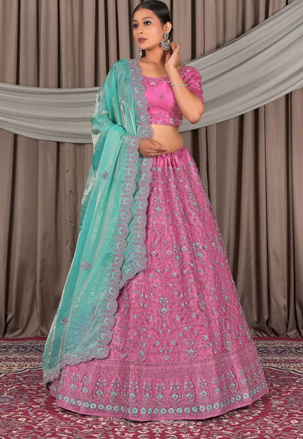 Pink Wedding Wear Embroidered Net Lehenga Choli For Women
