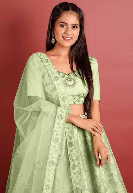 Pista Zari Work Net Lehenga