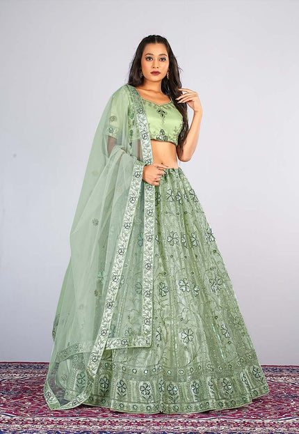 Pista Embroidery Net Lehenga