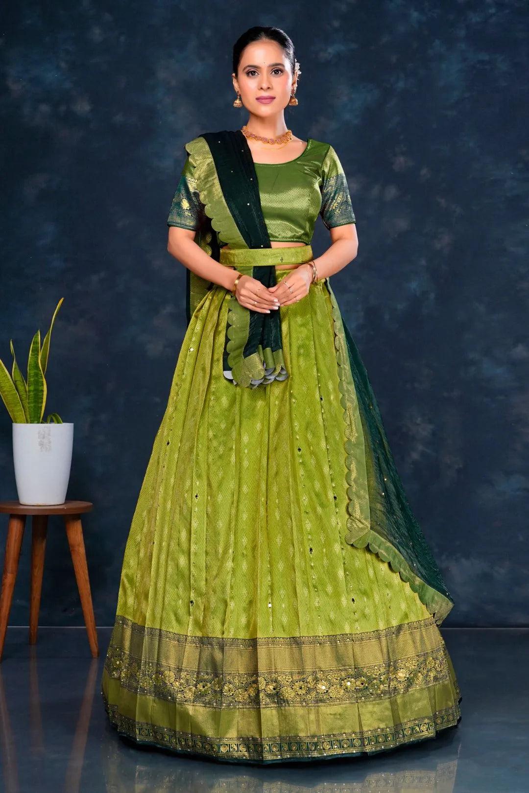 Pista Banarasi Designer Half Saree For Women