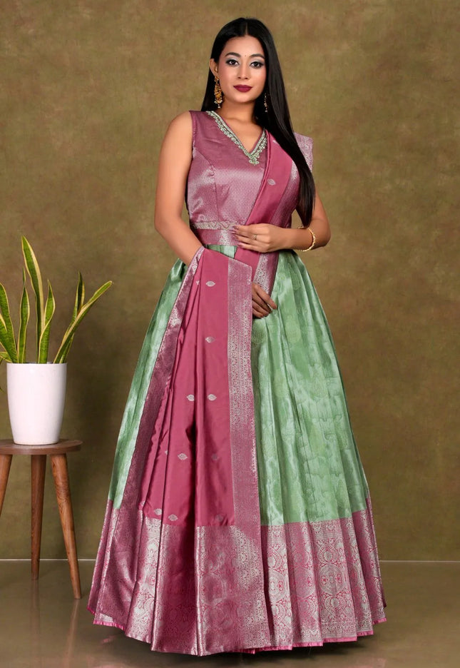Pista Banarasi Long Frock With Dupatta For Women