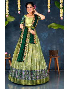 Pista Banarasi Silk Pattu Half Saree With Zari Work