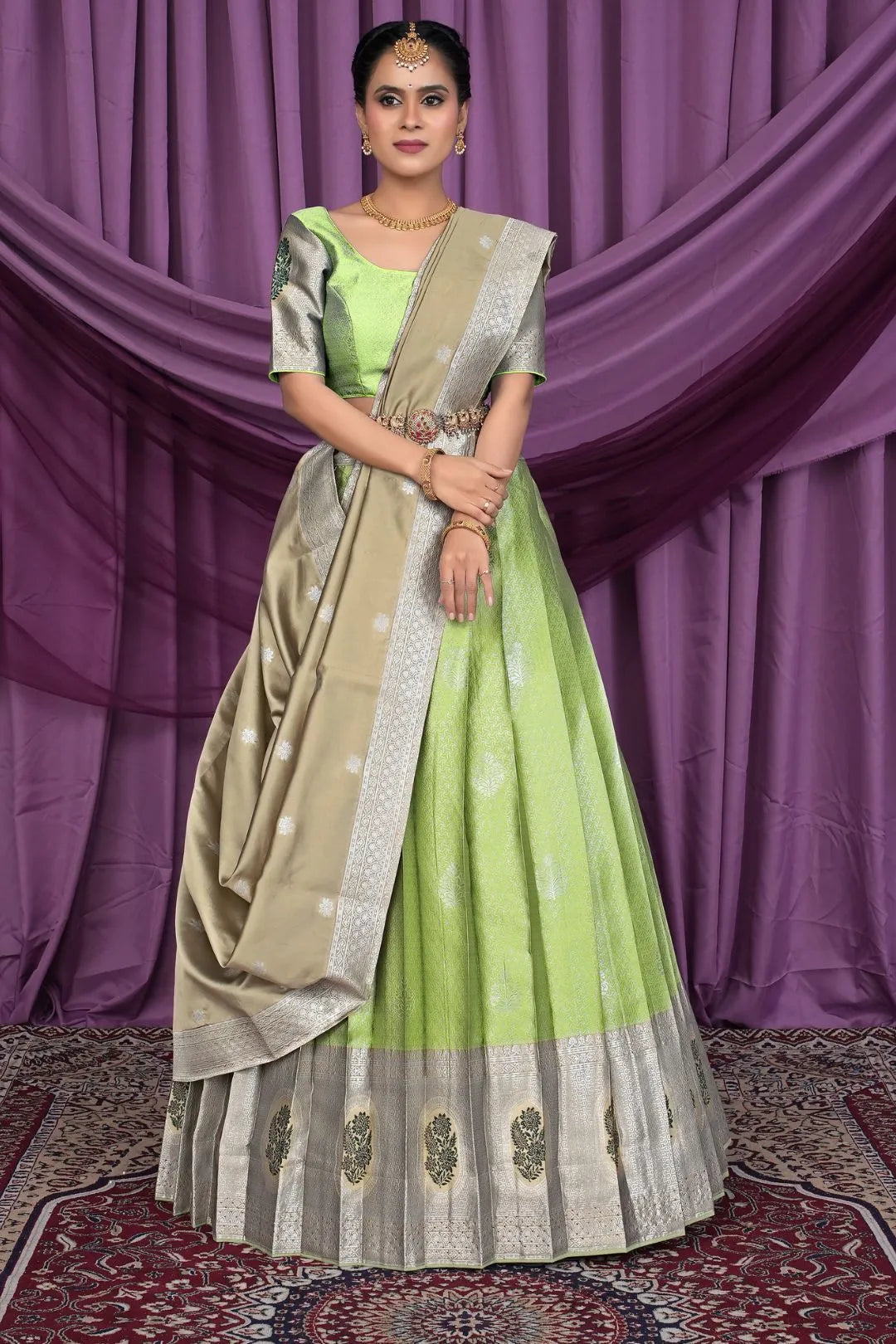 Pista Banarasi Silk Zari Work Lehenga Choli For Women