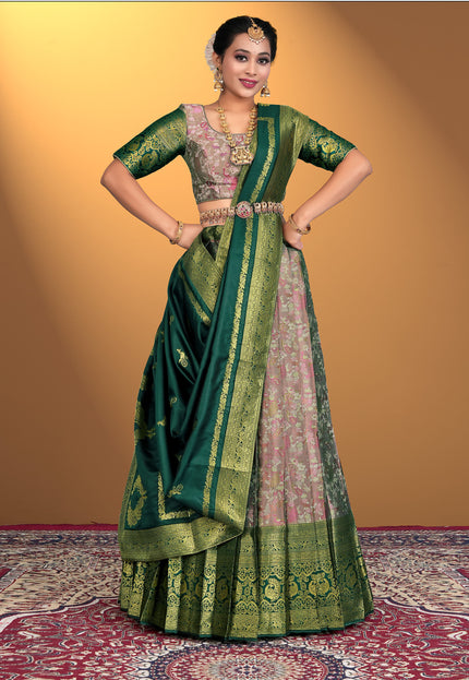 Woman wearing a traditional lehenga with a pink blouse