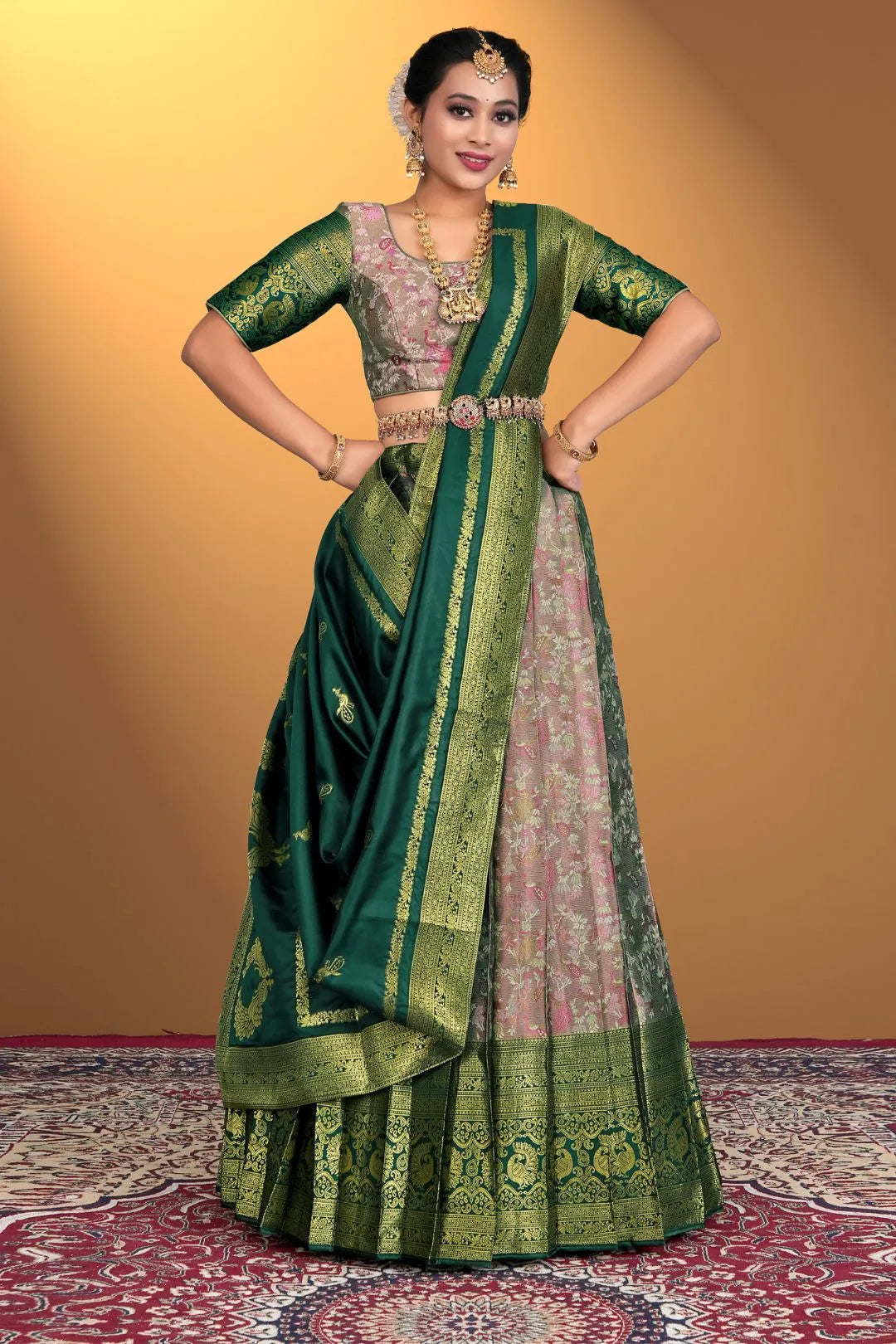 Pista Banarasi Zari Silk Half Saree For Women