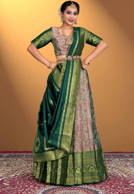 Pista Banarasi Zari Silk Half Saree For Women