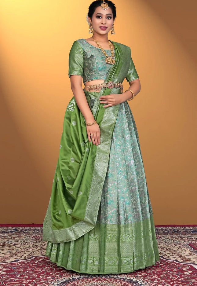 Pista Banarasi Zari Silk Half Saree With For Women