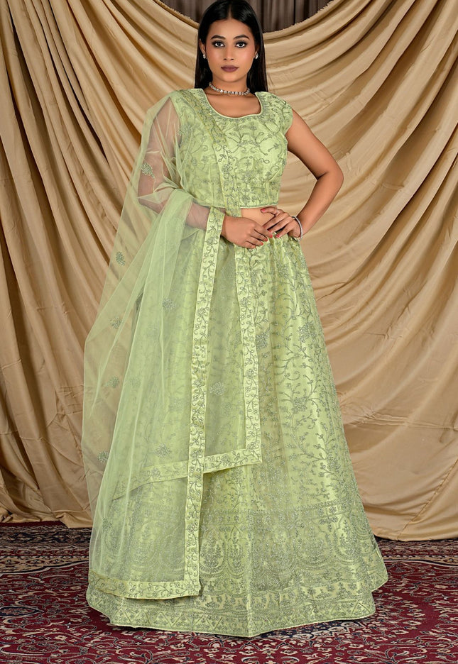 Woman wearing a light green traditional outfit with a sheer dupatta