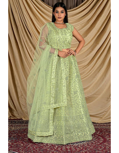 Woman wearing a light green traditional outfit with a sheer dupatta