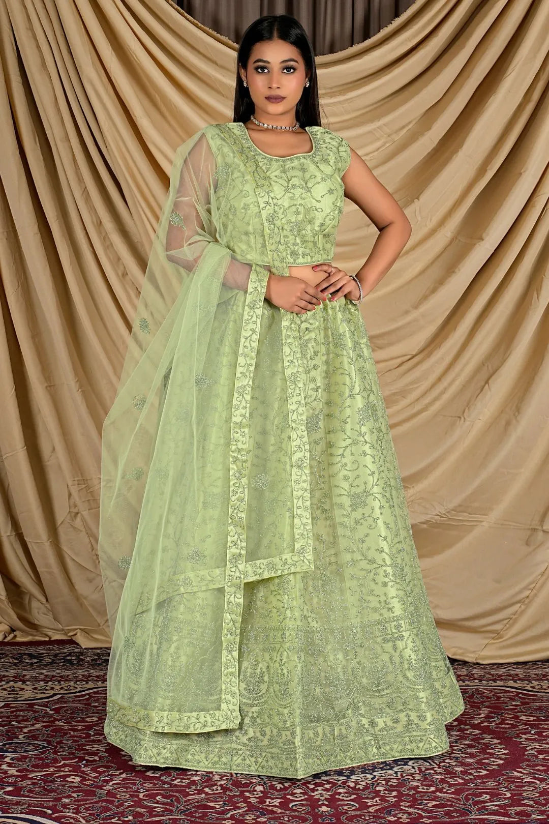 Pista Colour Net Crop Top Lehenga Choli