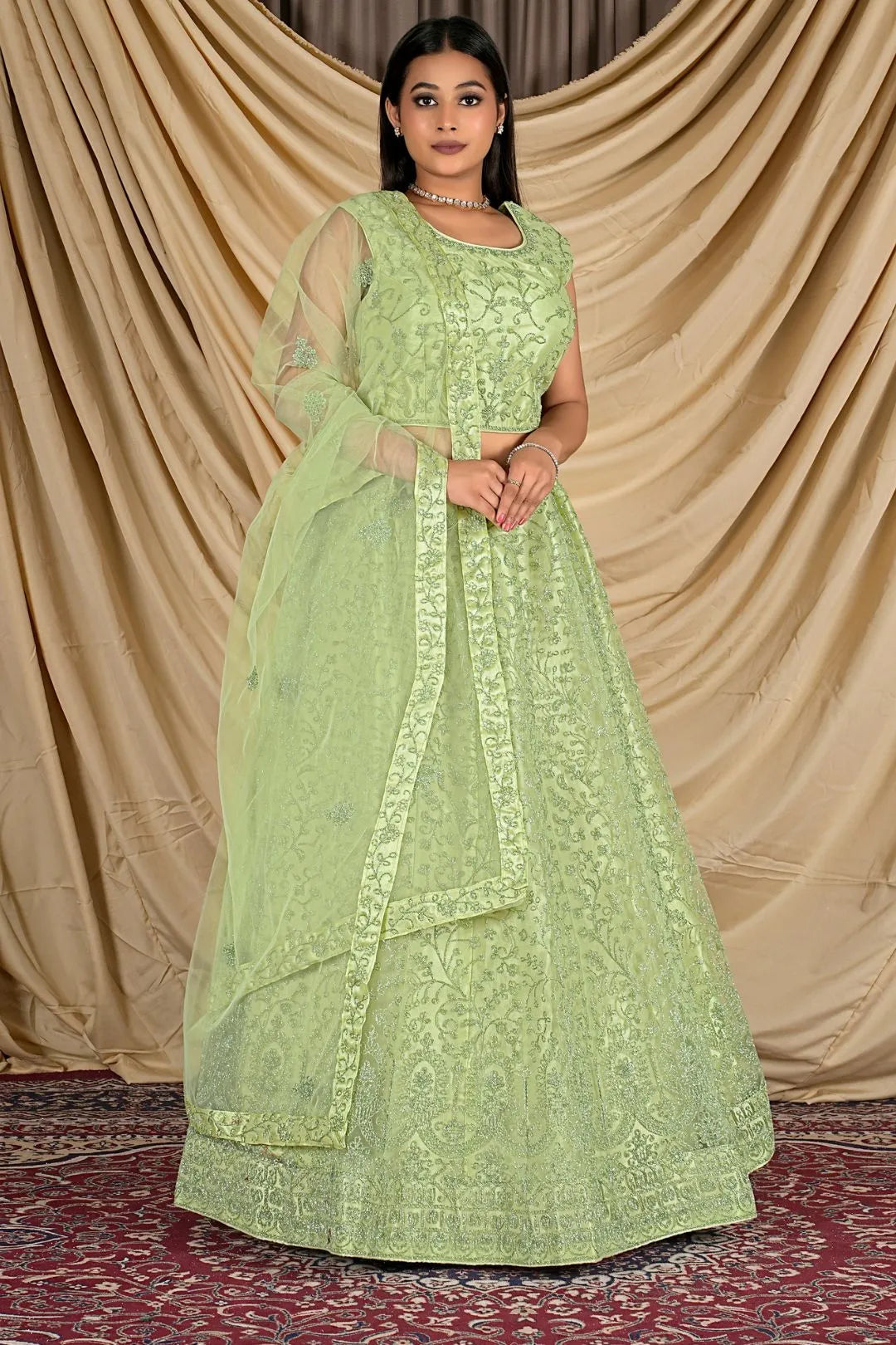 Pista Crop Top Net Lehenga Choli For Women