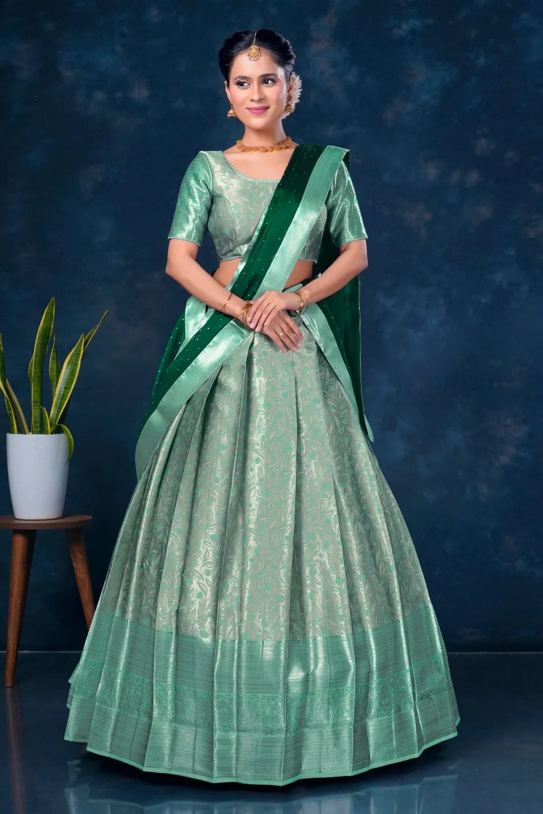 Pista Designer Lehenga Choli in Banarasi Silk