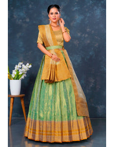 Woman wearing a traditional green and yellow lehenga choli with dupatta