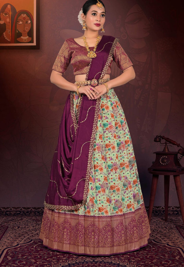 Woman in a traditional outfit with a purple and floral lehenga choli