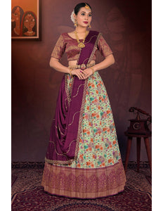 Woman in a traditional outfit with a purple and floral lehenga choli