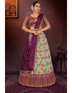 Pista Digital Print Lehenga Choli In Tissue Silk Fabric