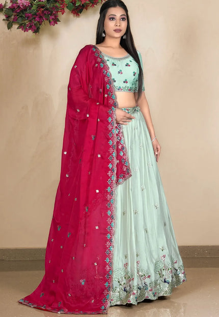 Pista Embroidered Lehenga Choli In Satin Chiffon Fabric