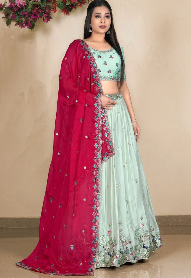 Pista Embroidered Lehenga Choli In Satin Chiffon Fabric