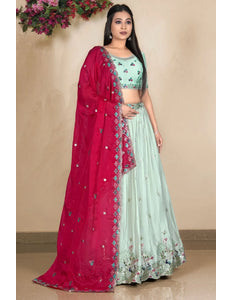 Pista Embroidered Lehenga Choli In Satin Chiffon Fabric