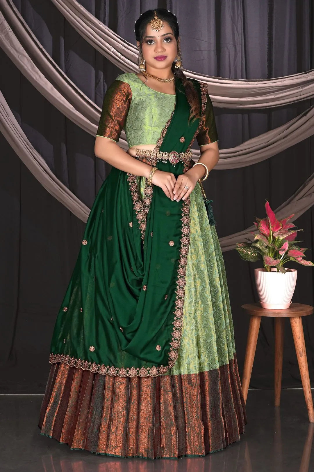 Pista Green Banarasi Half Saree With Zari Work