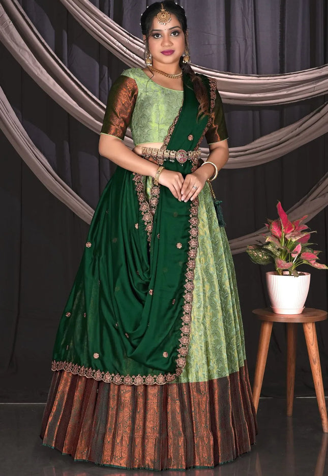 Pista Green Banarasi Half Saree With Zari Work
