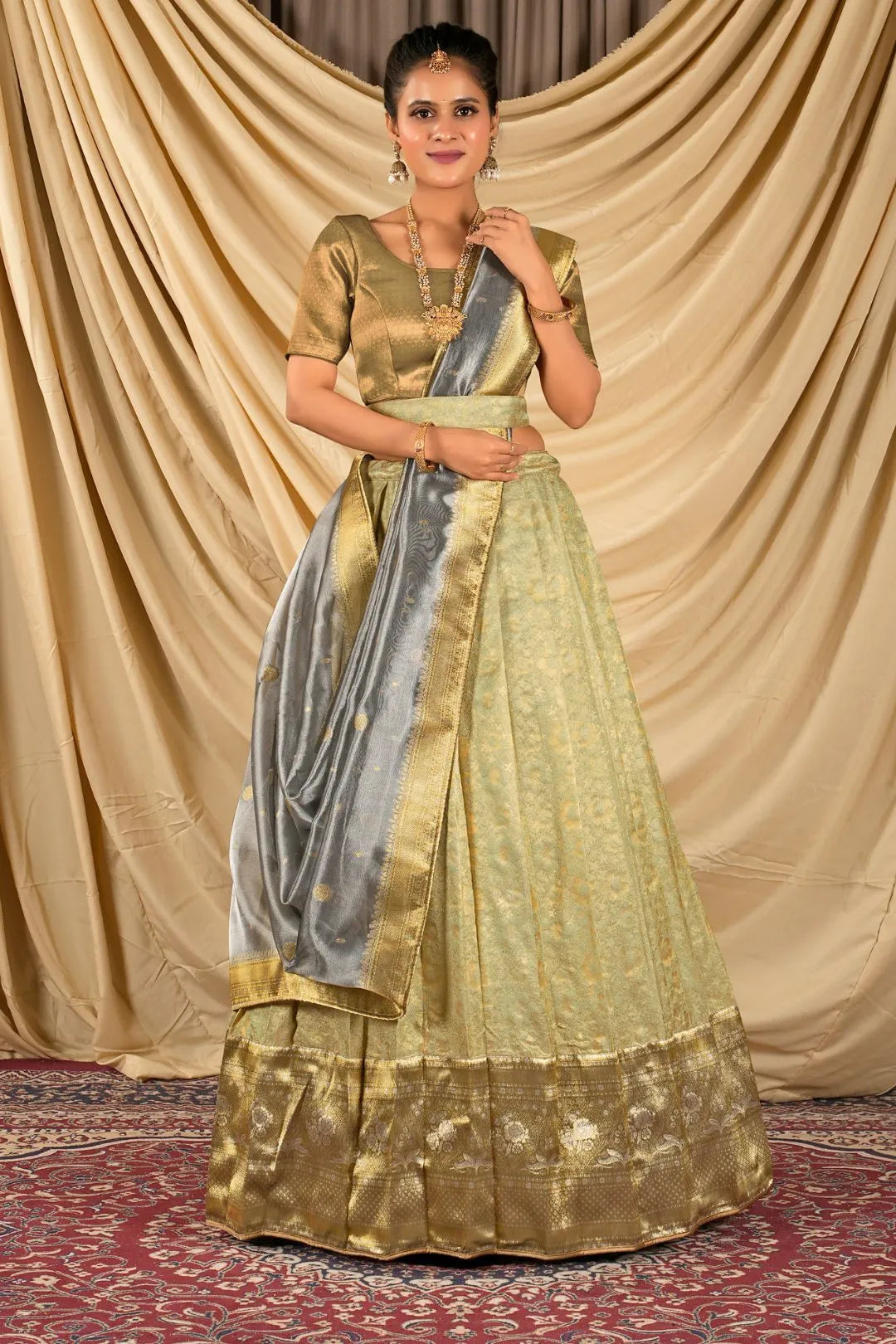 Pista Self Jacquard Silk Lehenga Choli With Zari Woven