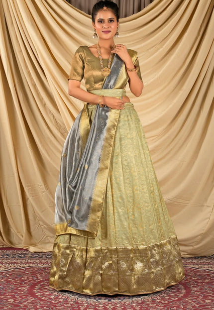 Pista Self Jacquard Silk Lehenga Choli With Zari Woven