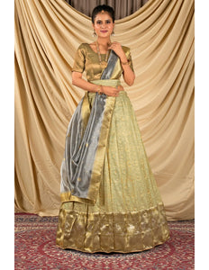 Pista Self Jacquard Silk Lehenga Choli With Zari Woven