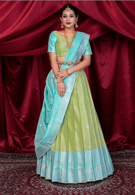 Woman in a traditional outfit with a light blue and green lehenga choli