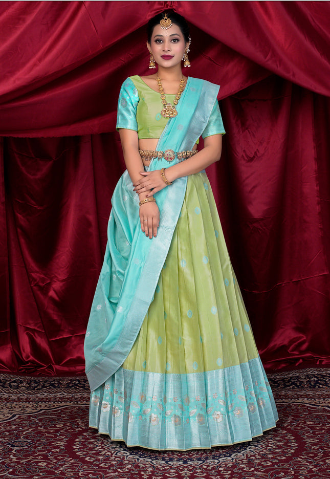 Woman in a traditional outfit with a light blue and green lehenga choli