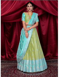Woman in a traditional outfit with a light blue and green lehenga choli