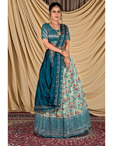 Woman wearing a traditional pista and floral lehenga choli with dupatta