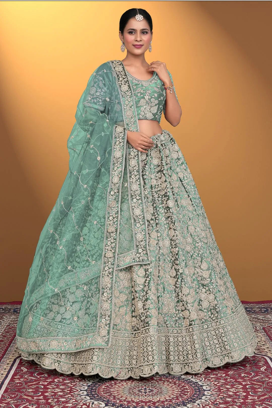 Pista Velvet Lehenga Choli With Net Dupatta For Women