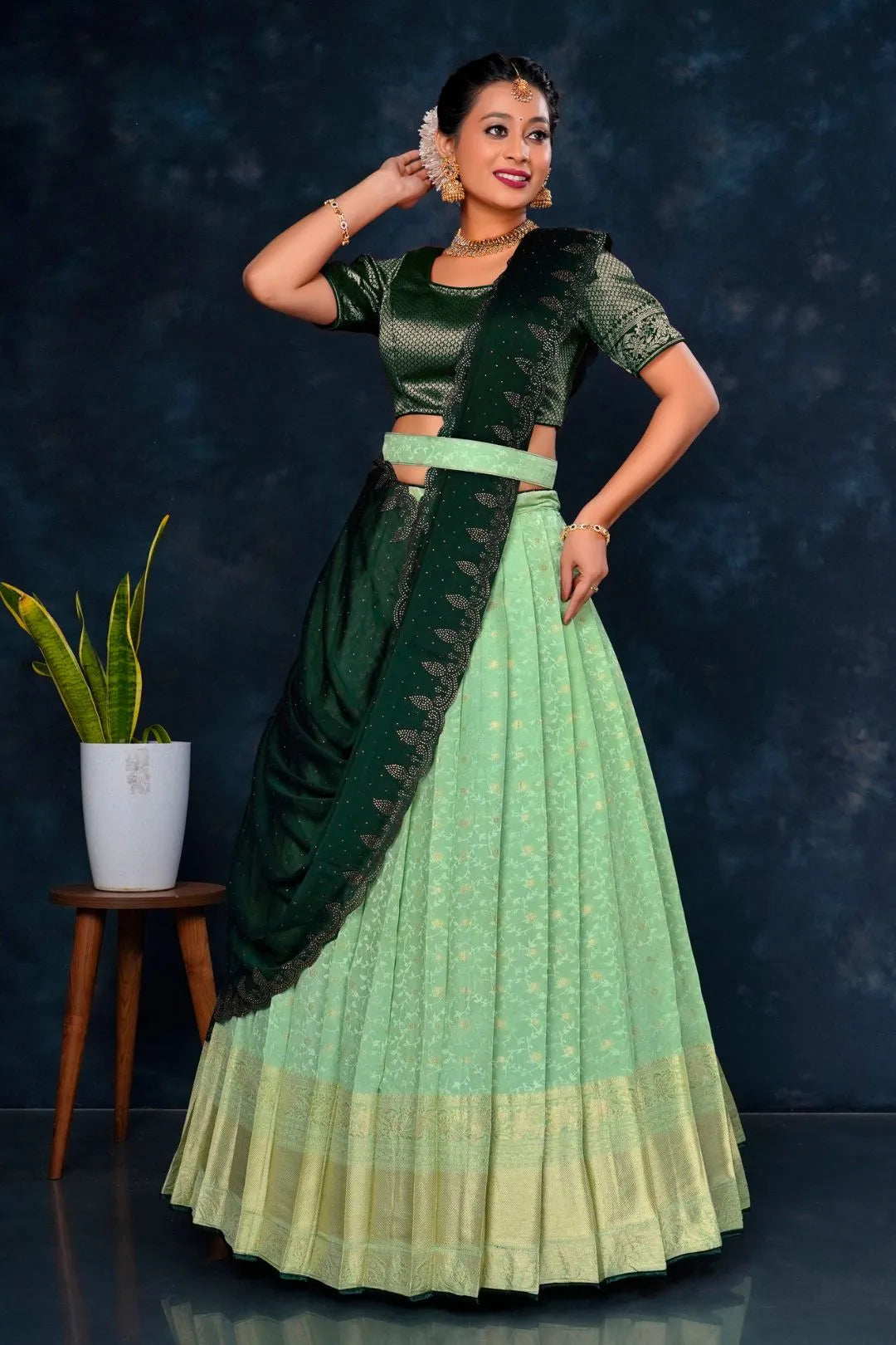 Pista Viscose Silk Lehenga Choli With Zari Work