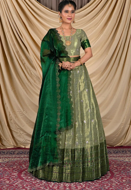 Pista Zari Silk Lehenga Choli With Zari Woven