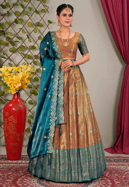 Woman in traditional Indian attire with a blue lehenga choli