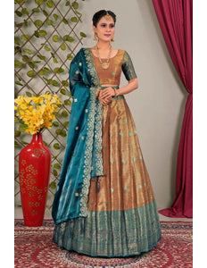 Woman in traditional Indian attire with a blue lehenga choli