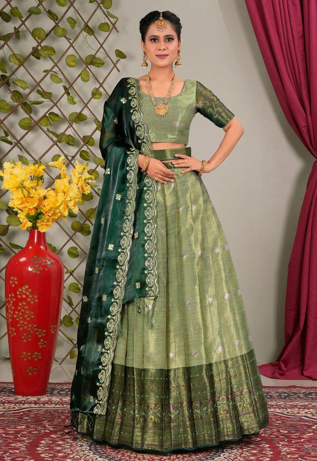 Pista Zari Silk Semi-Stitched Lehenga For Women