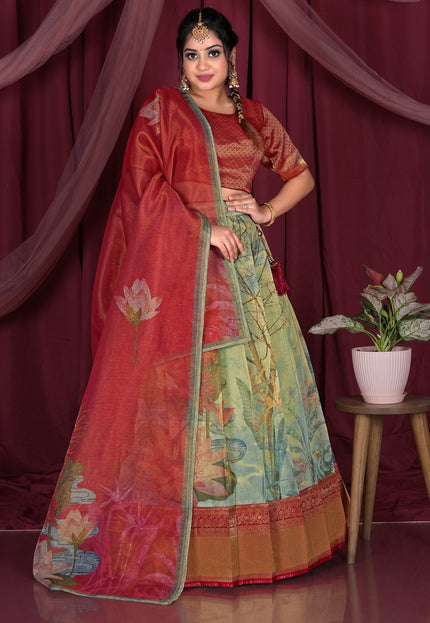 Pista Zari Work Tissue Silk Half Saree For Women