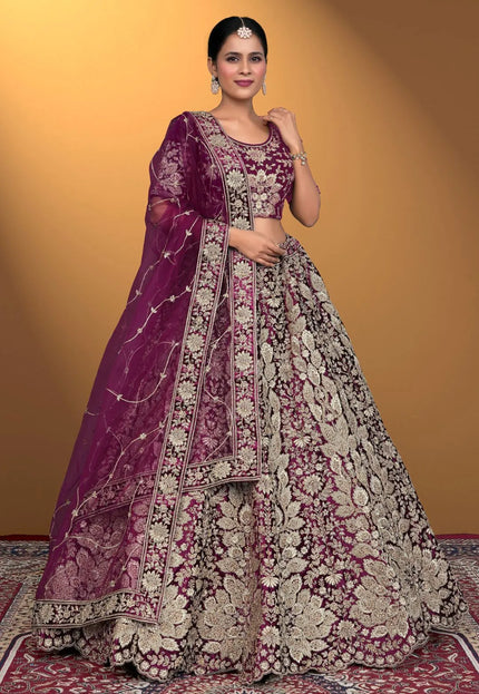 Puple Velvet Lehenga Choli With Net Dupatta For Women