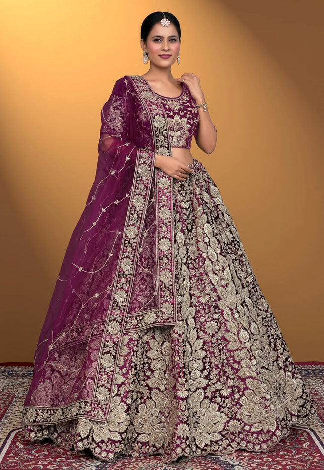 Puple Velvet Lehenga Choli With Net Dupatta For Women