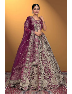 Puple Velvet Lehenga Choli With Net Dupatta For Women