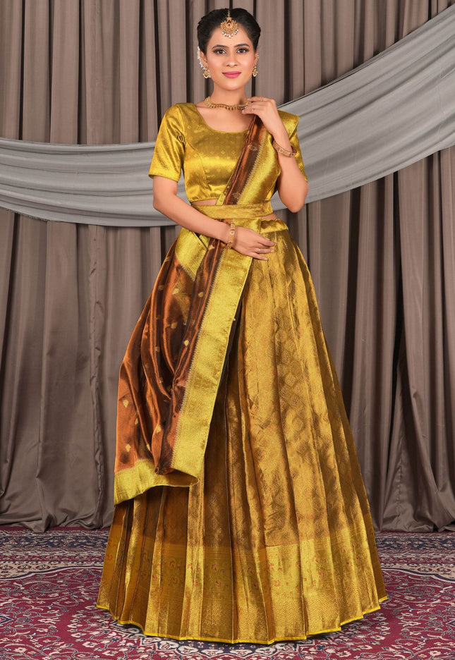 Woman wearing a traditional gold and brown lehenga choli
