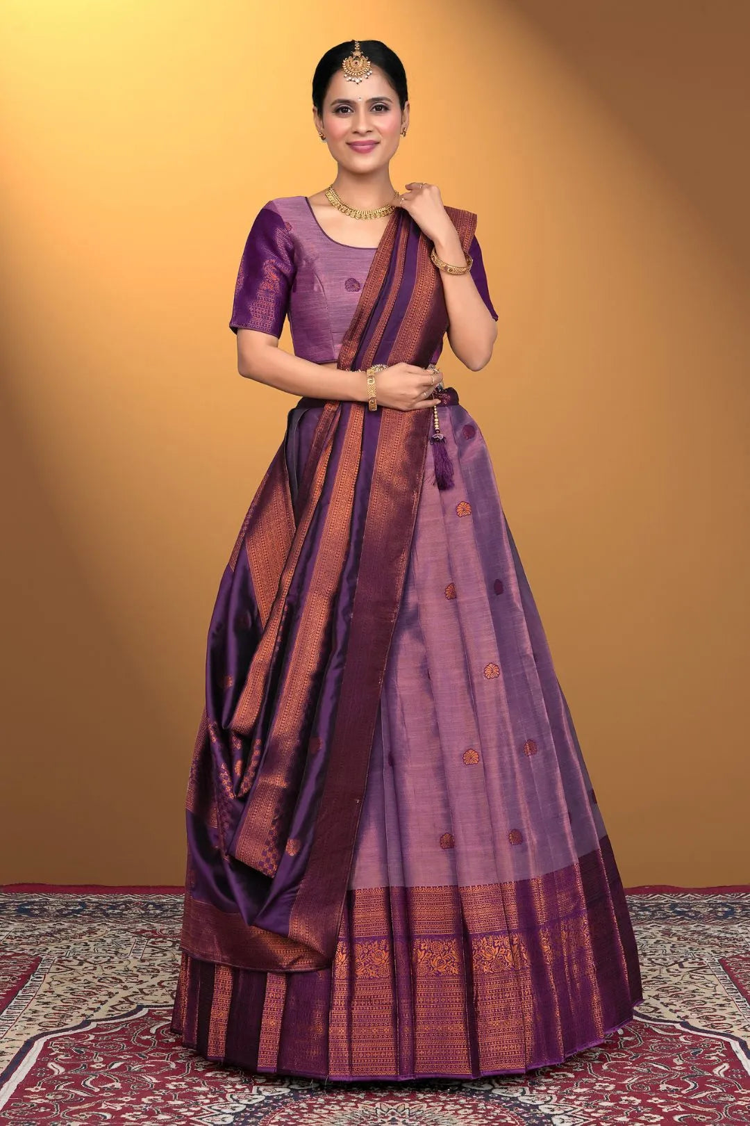 Purple Banarasi Pattu Half Saree With Zari Woven