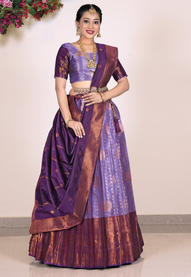 Woman wearing a traditional purple and brown lehenga with blouse