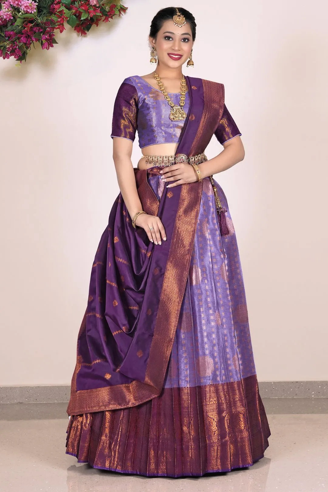 Purple Banarasi Zari Silk Half Saree Lehenga For Women