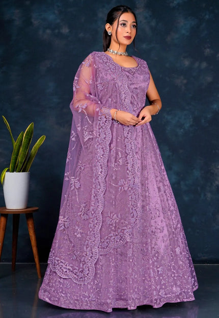 Purple Colour Embroidered Net Gown With Dupatta