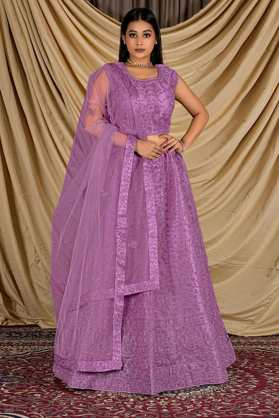 Purple Colour Net Crop Top Lehenga Choli