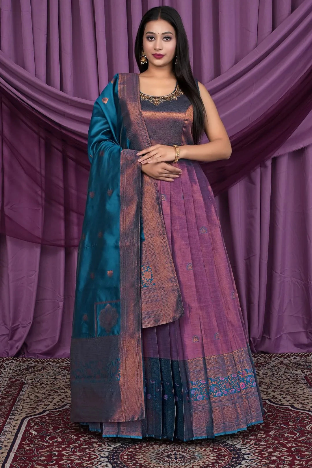 Purple Designer Banarasi Gown With Dupatta