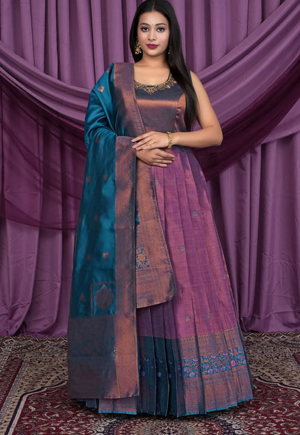 Purple Designer Banarasi Gown With Dupatta